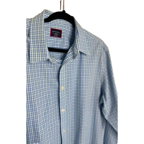 UNTUCKit Plaid Regular Fit Wrinkle Free Button Up Dress Shirt Large L Blue White - Picture 7 of 7
